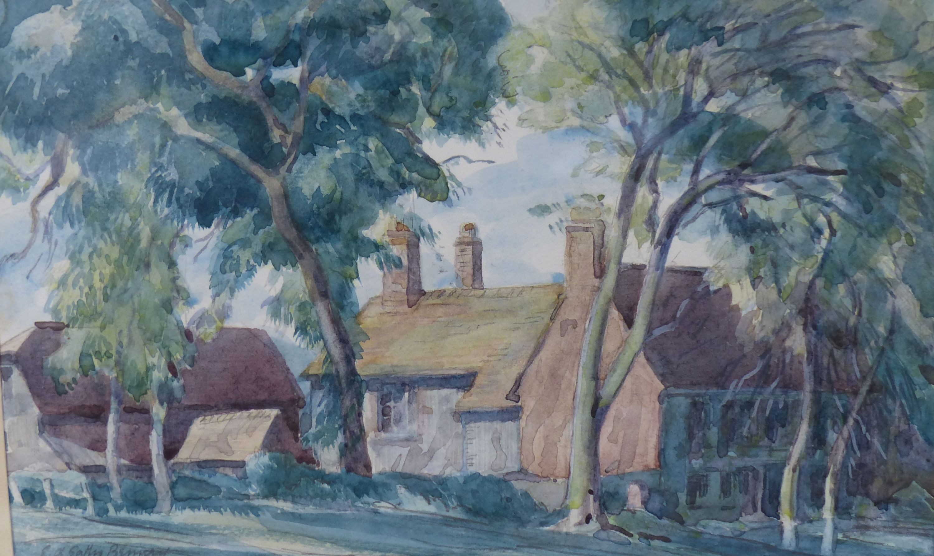 Ernest Alfred Sallis-Benney, A.R.C.A, (1894-1966), watercolour, Trees beside a country house, signed, 13.5 x 22cm